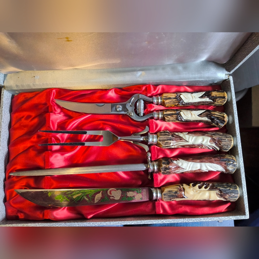 Vintage Anton Wingen JR Stag Solingen Germany Cutlery Set Etched Blades